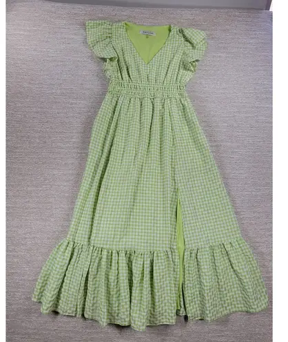 Taylor Gingham Dress Size 4 Green White Check Flounce Hem Slit Lined Cottagecore