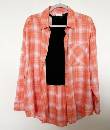 Abound Nordstrom Plaid button down shirt top SMALL long sleeve blouse orange white