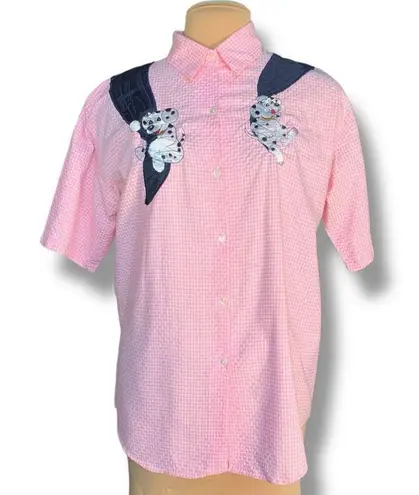 Vintage 80s Embroidered Shirt Pink Gingham Button Up Dalmatian Puppy Oversized White Size XL