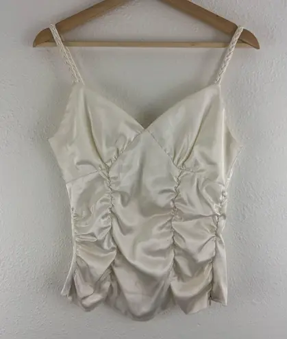 I.N. San Francisco I.N. Vintage 90s Ivory White Satin Ruched V Neck Braided Strap Corset Tank Top