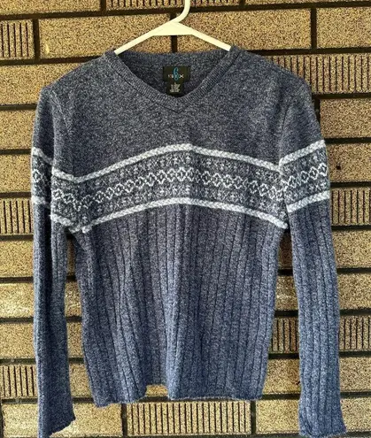 Vintage 90s 6ix Blue Fair Isle Sweater Ribbed Knit Size L Made in USA
