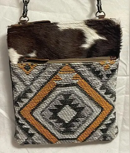 Myra Aztec Western Southwestern Hairon Leather Canvas Crossbody Bag Purse NWOT Orange