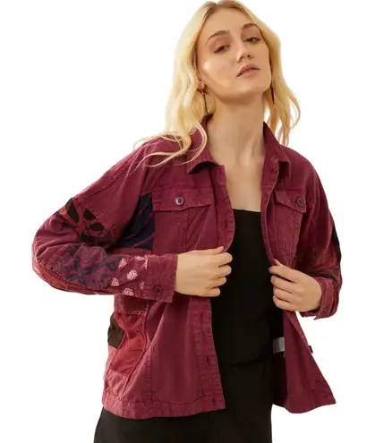 NWT Boutique Boho Chimson Trail Patchwork Button Front Jacket Berry Red Size M