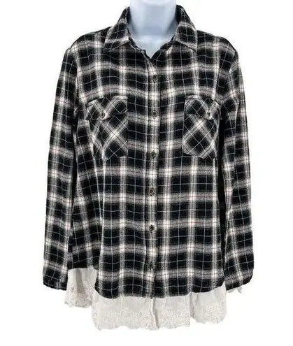 JODIFL Plaid Long Sleeve Button Down Shirt Top Eyelet Lace Trim Hem Small