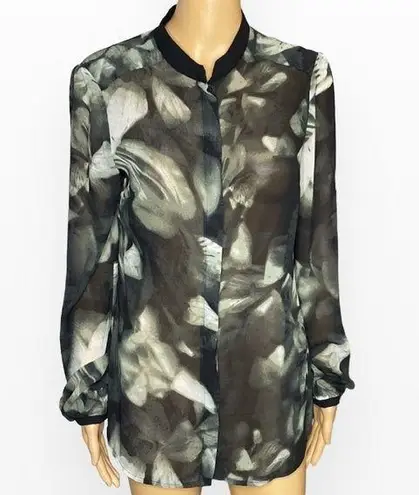 Vivienne Tam SHEER BUTTON CAREER SHIRT BLOUSE BLACK OLIVE GREEN SZ 8 LON…