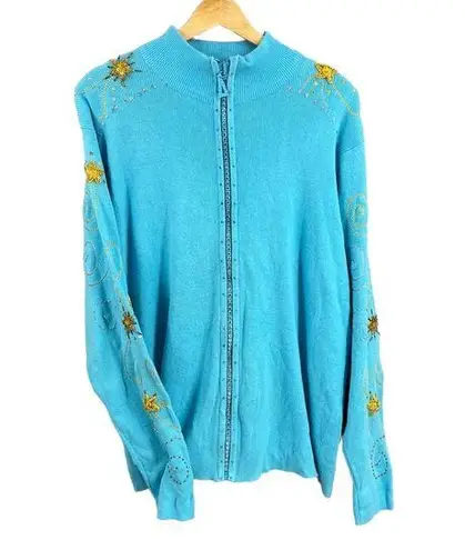 Quacker Factory Cardigan Sweater Blue Embroidered Beaded Sequined Zip Large