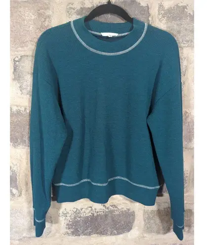 June & Hudson Top Woman's Small Teal Green White Stitch Waffle Knit Gorpcore