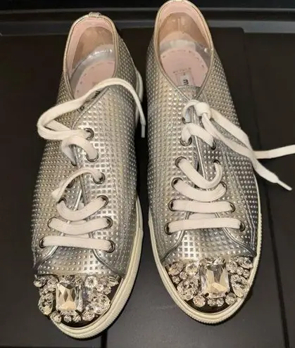 Miu Miu   Swarovski crystal toe-cap sliver sneakers flats size 38.5 8.5