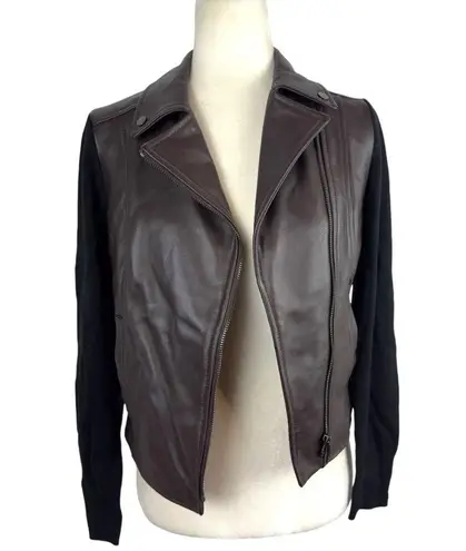 Etcetera Brown Genuine Leather Jacket Black Knit Moto Biker Short Jacket Size XS