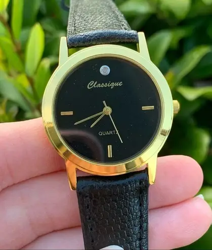 NEW Classique Brand Quartz Watch In Box // Gold & Black Leather Band w/ Diamond
