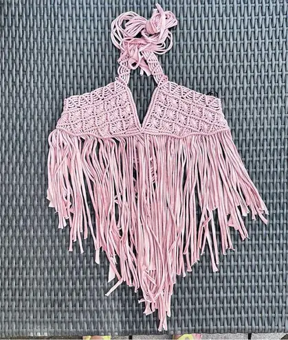 Forever 21  pink macrame fringe halter bikini crop top size small bohemian