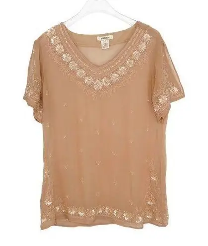 Sundance Peach Beaded Embroidered Short Sleeve Bohemian Blouse Small