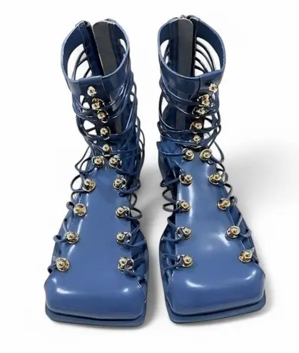 VHNY Vivienne Hu Cobalt Studded Leather Straps Ankle Boots Size 7 (EU 37) Blue