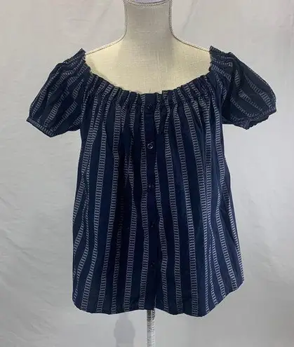 Sweet Wanderer On Off Shoulder Striped Blouse Top Navy Blue Size L NWT