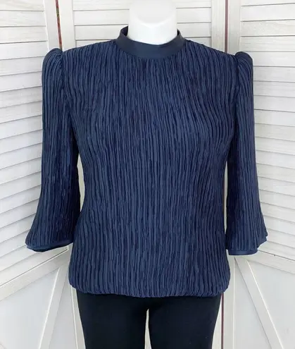Vintage Pierre Labiche Plisse Satin Scrunch Pleated Puff Sleeve Blouse Blue 16 Blue
