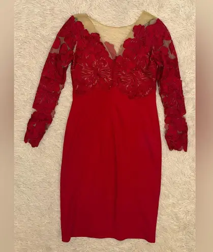 Tadashi Shoji NEW Lace Illusion neck Crepe Red Long Sleeve Dress sz 2