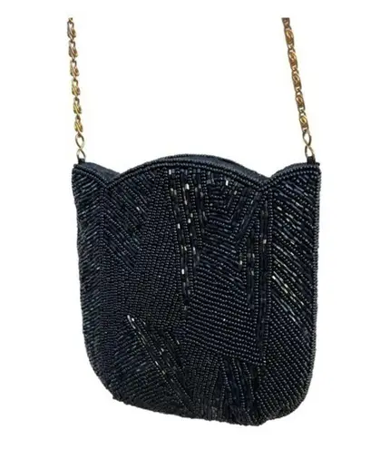 Beaded Evening Bag Purse Tulip Edge Long Goldtone Chain Prom Wedding Fl… Black