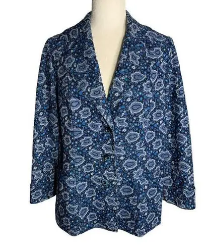 Buttons Vintage 70s Heavy Knit Blazer Jacket M Blue Floral Lined Pockets