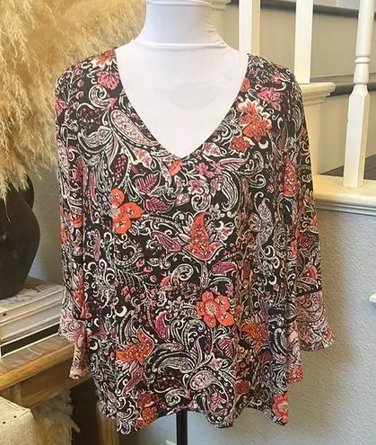 J. Jill Top Navy Blue Orange Paisley Floral Flare Sleeve V Neck Top Size Large