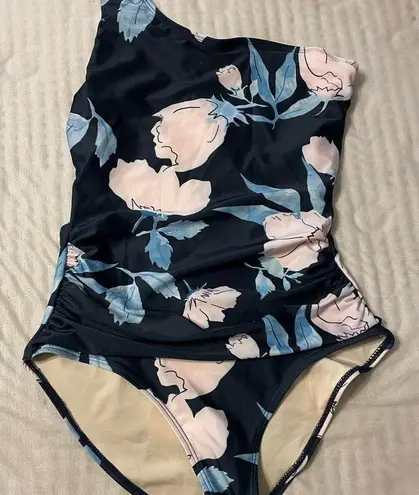Nani Swimwear Cascade One Shoulder midnight Floral Swimsuit Small Blue