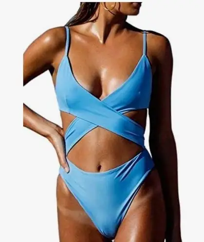 CHYRII Women's Sexy Criss Cross High Waisted Cut Out One Piece Monokini Swimsuit Blue Size M