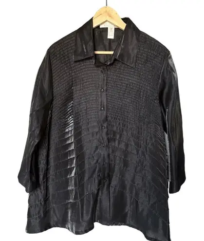 Glamour Badgley Mischka Blouse Size L Black Textured Sheer 3/4 Sleeve Elegant Size L