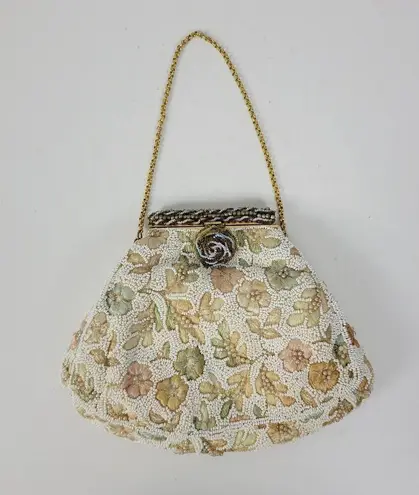Vintage Womens Change Purse Bag Cream Beaded Floral Embroidery Handbag w/ Mirro
