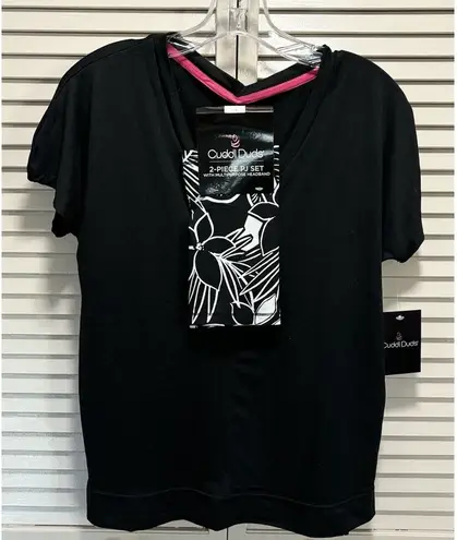Cuddl Duds 2-Peice PJ Set Black Short Sleeve Top Floral Headband Size XS