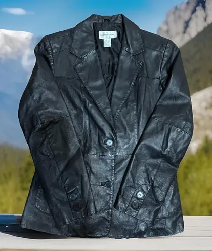 Newport News VTG 90S Genuine Leather Pockets Blazer Jacket Black Retro Size 4