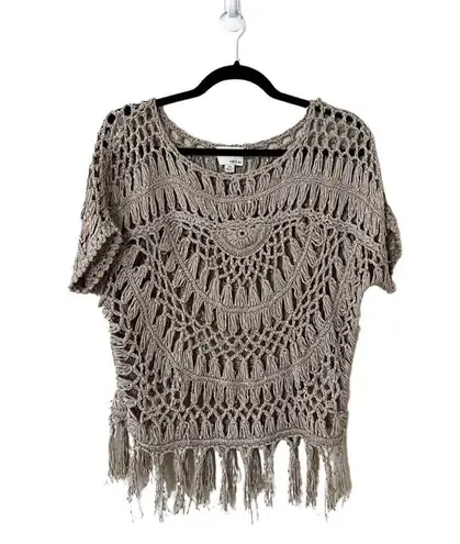 Greylin ANTHROPOLOGIE Crochet Short Sleeve Fringe Boho Taupe Top XS
