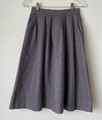 VTGn Glenora Plaid ALine Midi Skirt sz M Wool Pleated Pockets Retro Preppy Gray