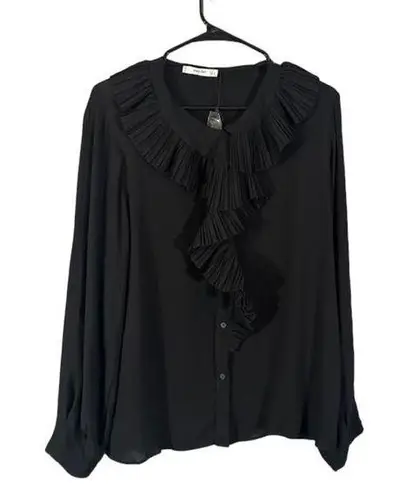 Mango  Black Ruffled Trim Long Sleeve Linen Blend Career Blouse Women Sz 8