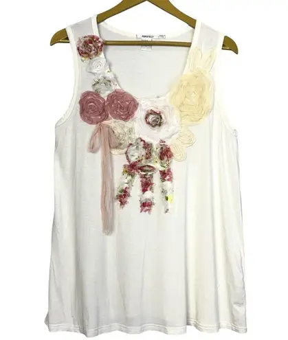Feratelli Flower Applique Sleeveless Tank Top Size L White Pink Coquette Y2K 90s Size L