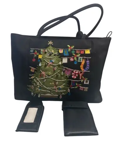 Bueno Vintage Christmas Tree Beaded Black Shoulder Tote Bag 9X3X12.5 Holiday