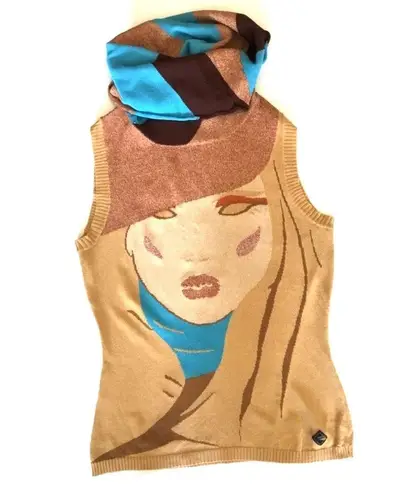 K. A. Kitties Tan/Turquoise Graphic Design Sleeveless Shirt Top Sz M Size M
