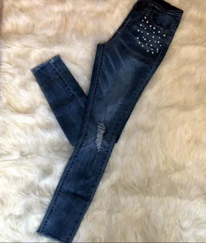 BLOOMROCKS Melrose Pearls Fray Cuff Ankles Jeans Blue Size 28