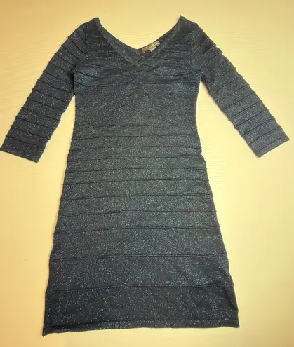 Twenty One Blue Sparkle Bodycon Dress Ruched V Neck Long Sleeve Medium