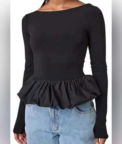 Shelly Black Long Sleeve Peplum Bubble Top Size M