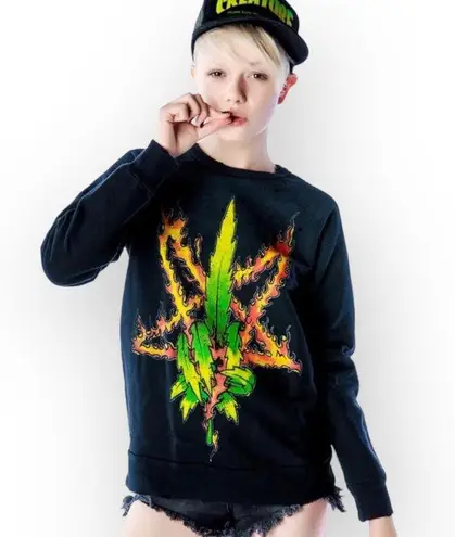 Unif HTF: new ☻ Burn Me Weed Distressed Sweatshirt ☻ Flames ☻︎ Dirty Black ☻︎ M - Image 1