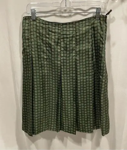 Adrienne Vittadini Y2K silk pleated green brown midi skirt flare 