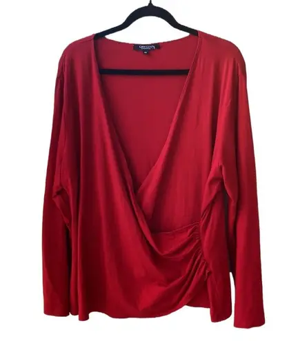 Karen Kane ♥️ Surplice Faux Wrap Long-Sleeved Knit Top/Blouse, Rich Red, Plus 2X