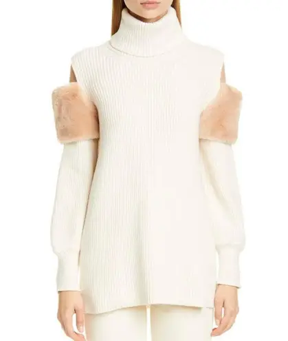 Adeam Cold Shoulder Turtleneck Sweater with Faux Fur Trim size M Size M