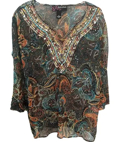 Peck & Peck Embellished Sheer Brown Paisley Blouse XL Boho Chic Festival Top - Image 1