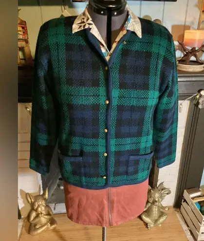 kim rogers Vintage Plaid Navy Green Black 90’s Dark Academia Pockets Gold Buttons Cardigan