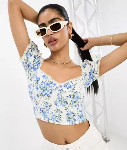 Mango  | Puff Sleeve Corset Detail Crop Top in Floral | Size: 4