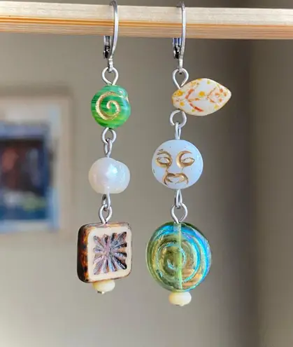 Handmade quality Czech glass beads mix unique boho fairy funky dangle earrings🌝⭐️🌀
