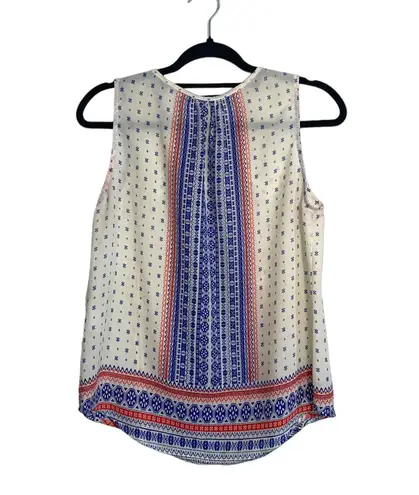 Collective Concepts White Blue Red Boho Printed Keyhole Tank Top