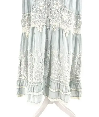 Love Shack Fancy  Lace Eyelet Crochet Ruffle Midi Dress Boho Blue White size Small