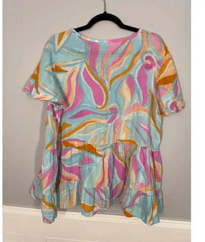 Terra & Sky , 1X, Aqua Brushstroke Gauze Top, Flowy, Tiered Waist, EUC