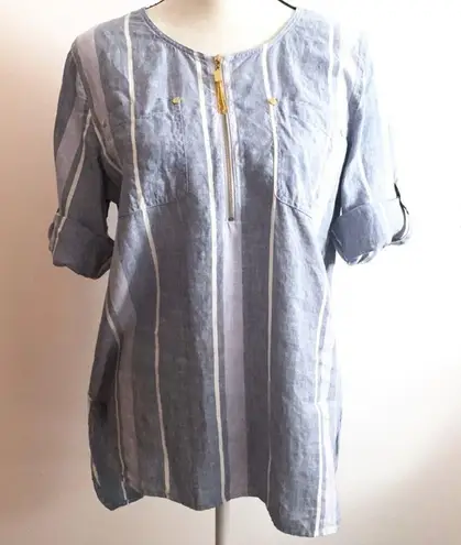 Ellen Tracy Blue White Striped Linen Popover Top Roll Tab Sleeves Gold Zipper M